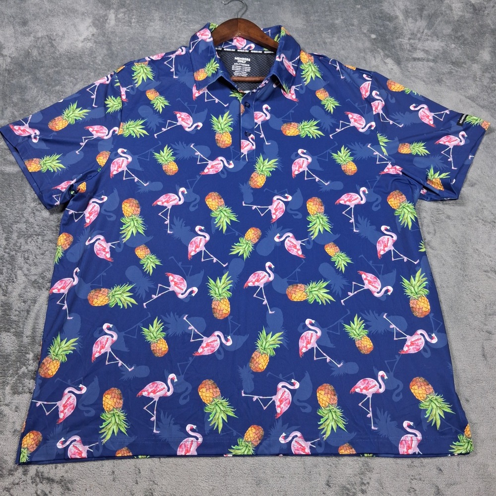 Members Only Polo Shirt Mens XXL Blue Pink Flamingo Pineapple Stretch Tropical